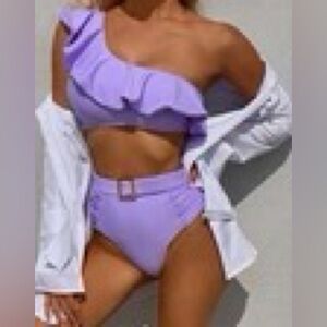 Purple two piece bikini cold shoulder with ruffle SHEIN size large- never worn